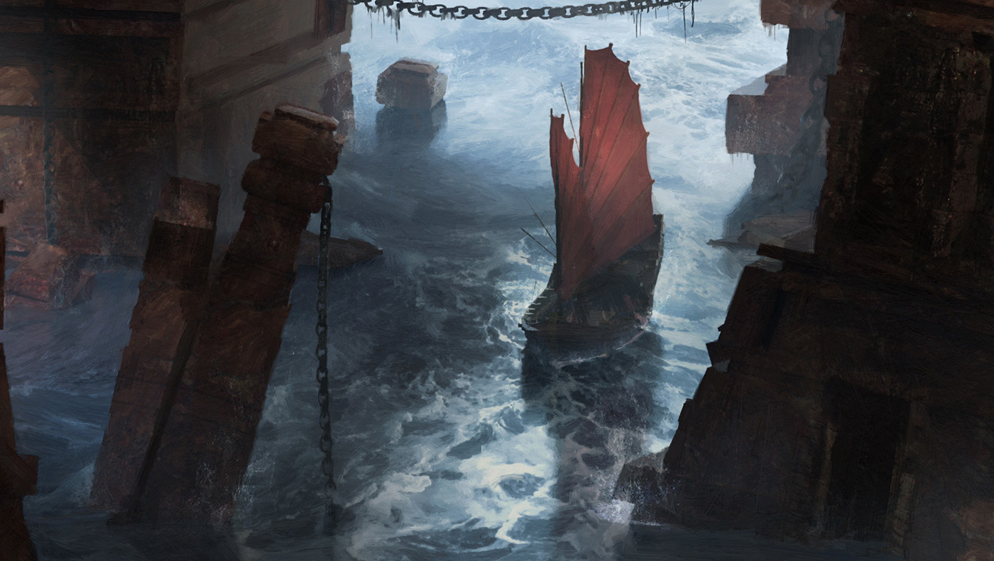 Concept art of a Ship sailing in between hills