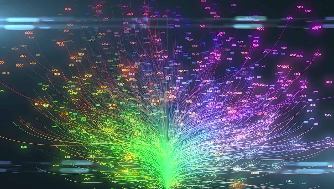 A visualisation of different data points connecting and forming a data tree, which looks like an actual tree