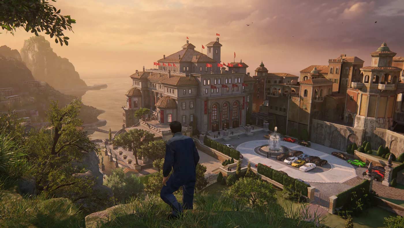 Virtual Environment created for story-focused high-end AAA game - Uncharted 4. The screenshot shows the character overlooking a large estate from the hills