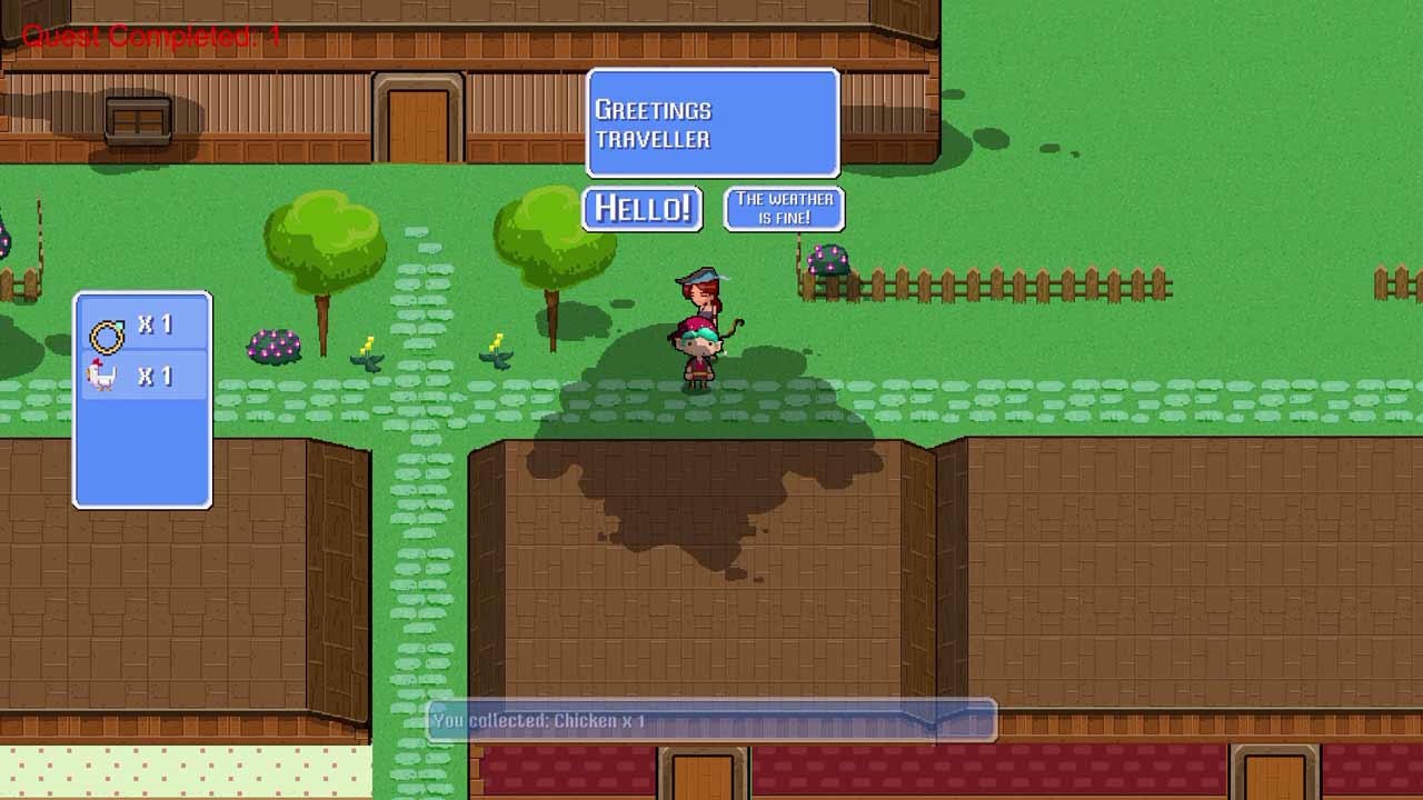 A screenshot from a 2D game made by a MAGES Student, featuring 2D sprites for the characters, and 2D UI elements such as icons for items.